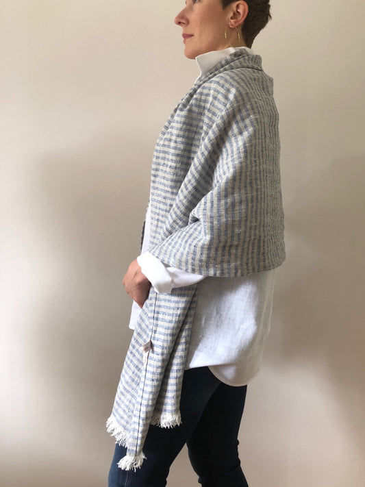 Linen Wrap scarf - yellow striped with white fringes