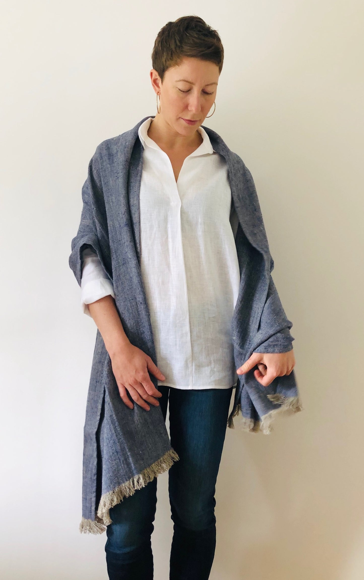 Linen Wrap scarf - herringbone indigo & natural