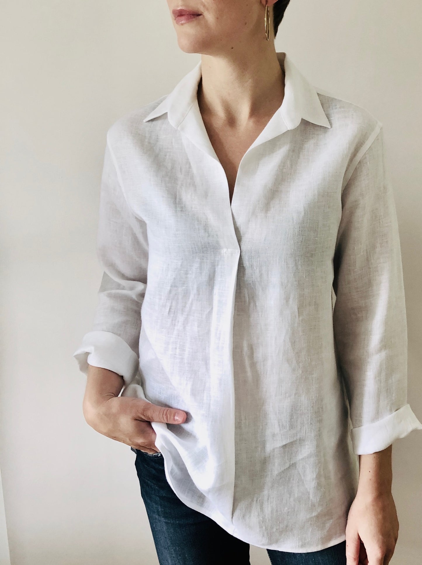 Olivia Linen Blouse- White / charcoal grey / light grey