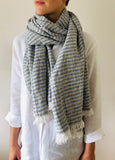 Linen Wrap scarf - indigo & grey striped with white fringes