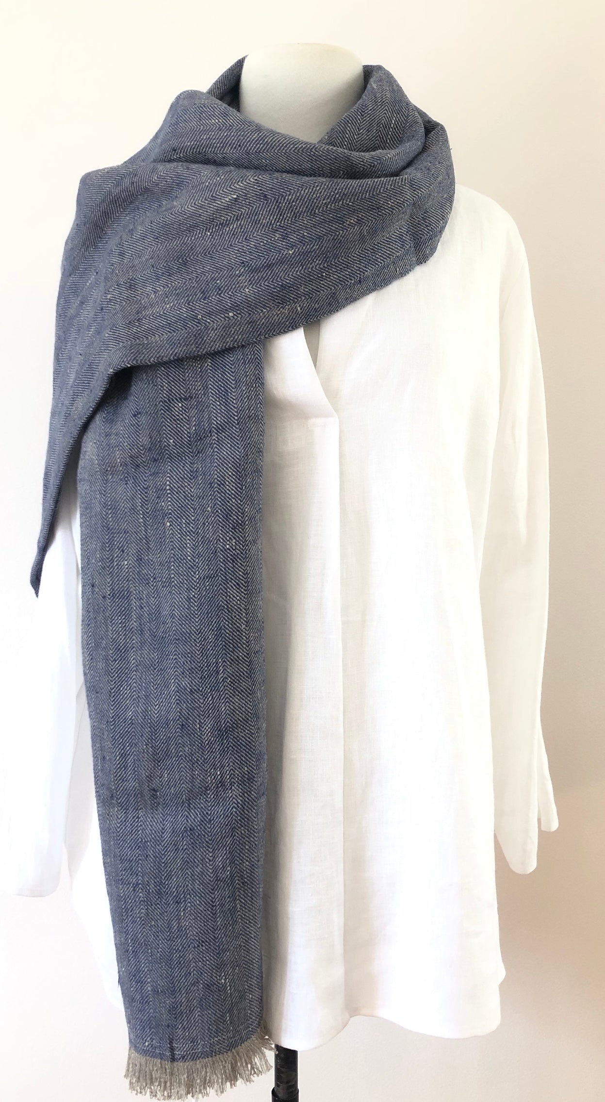 Linen Wrap scarf - herringbone indigo & natural